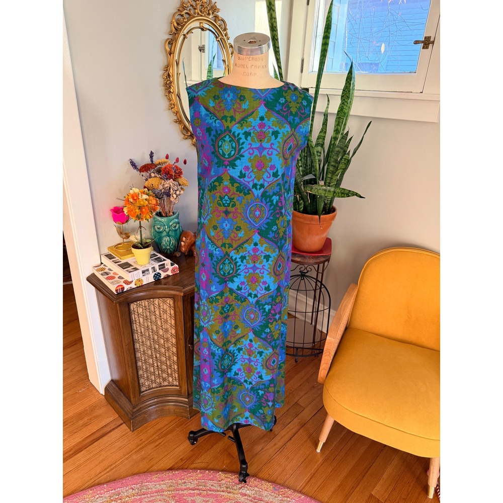 Vintage Bohemian Damask print Maxi Dress‎ Sleeveless Blue Green Purple 1960s 70s